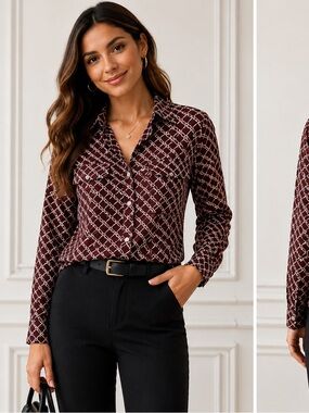 ZARA XS Burgundy & Cream Geometric Print Button-Up Shirt Long Sleeve